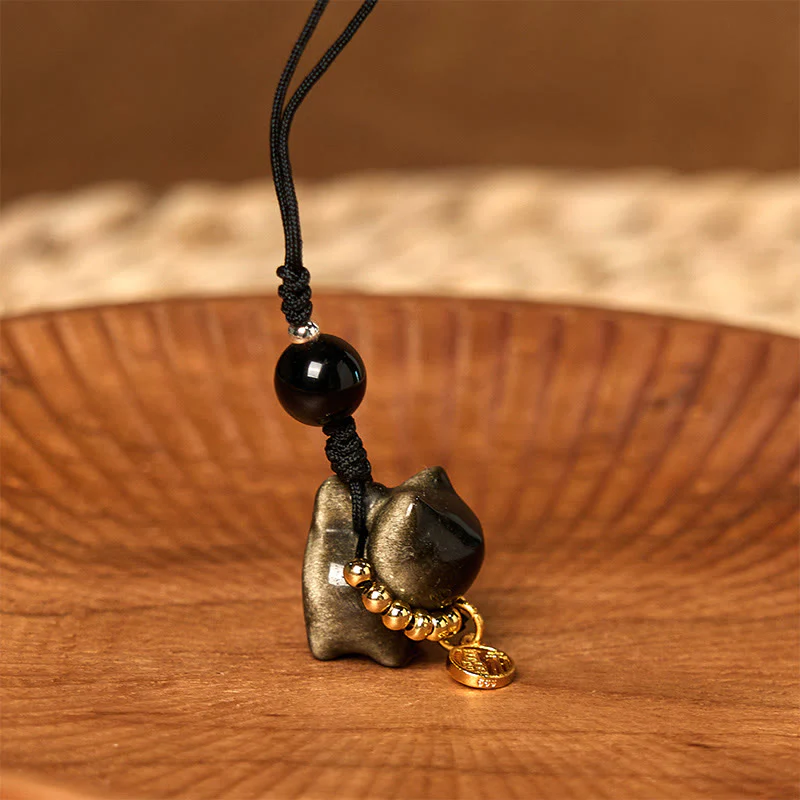 Buddha Stones Silver Sheen Obsidian Black Obsidian Gold Sheen Obsidian Cute Cat Fu Character Protection Key Chain Phone Hanging Decoration