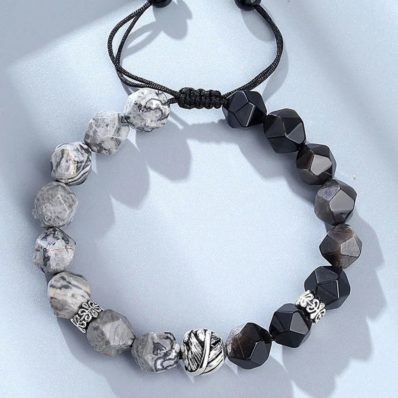 Buddha Stones Natural Irregular Cut Obsidian Grey Jasper 925 Sterling Silver Rolled Leaf Bead Protection Bracelet