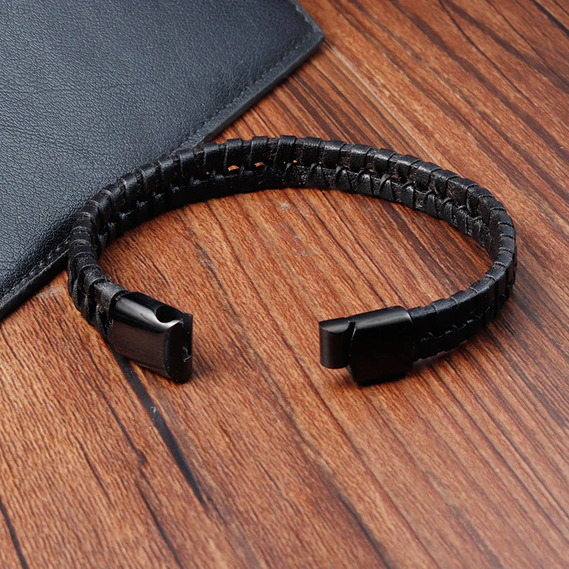 Buddha Stones Simple Braided Pattern Titanium Steel Strengthen Multi-layer Leather Buckle Bracelet