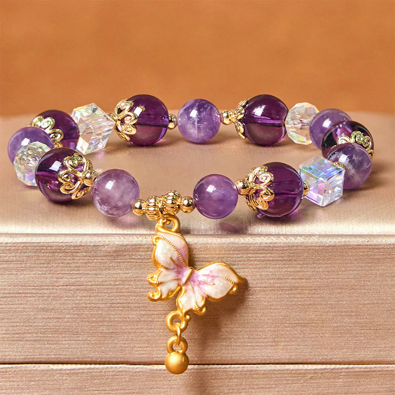 Buddha Stones Natural Amethyst Sun Stone Butterfly Peace Bracelet