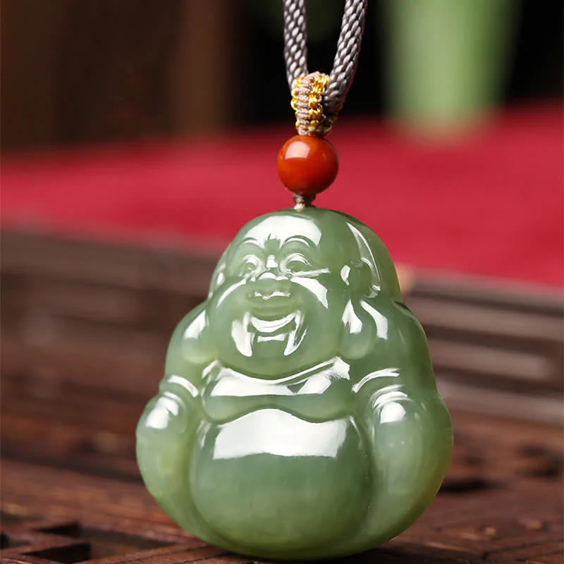 Buddha Stones Laughing Buddha Hetian Jade Abundance Necklace String Pendant