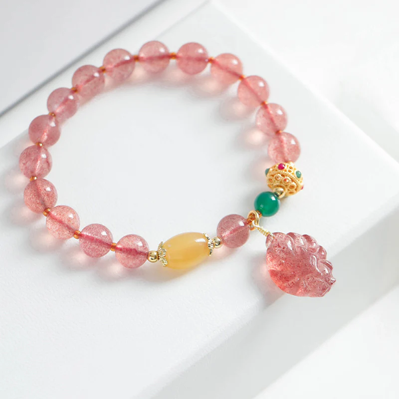 Buddha Stones Natural Strawberry Quartz Nine Tailed Fox Healing Bracelet