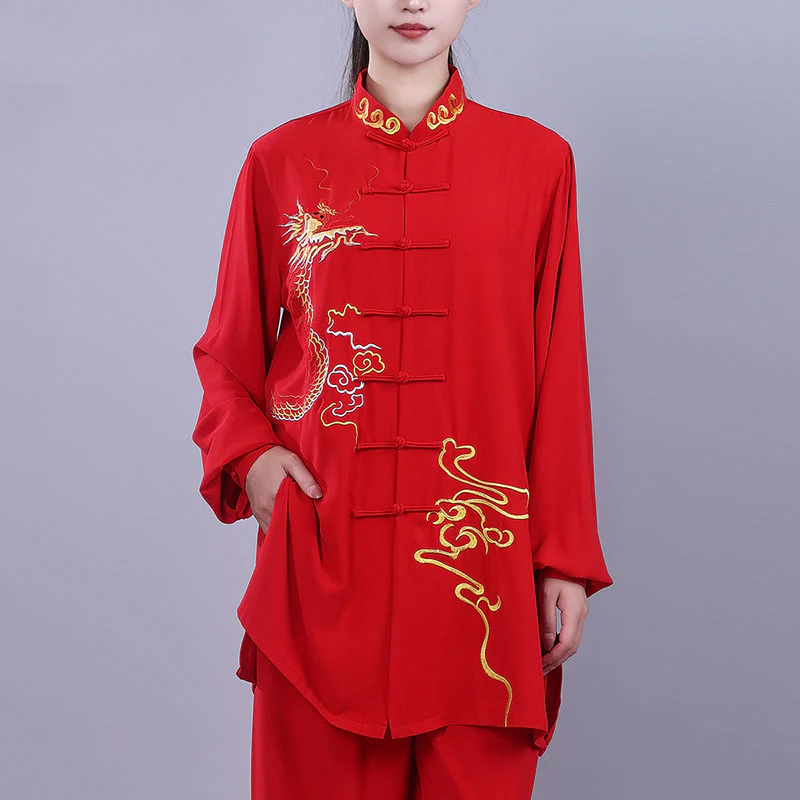 Buddha Stones 2Pcs Fall Embroidery Dragon Frog-Button Tai Chi Meditation Qigong Zen Practice Unisex Cotton Clothing Set