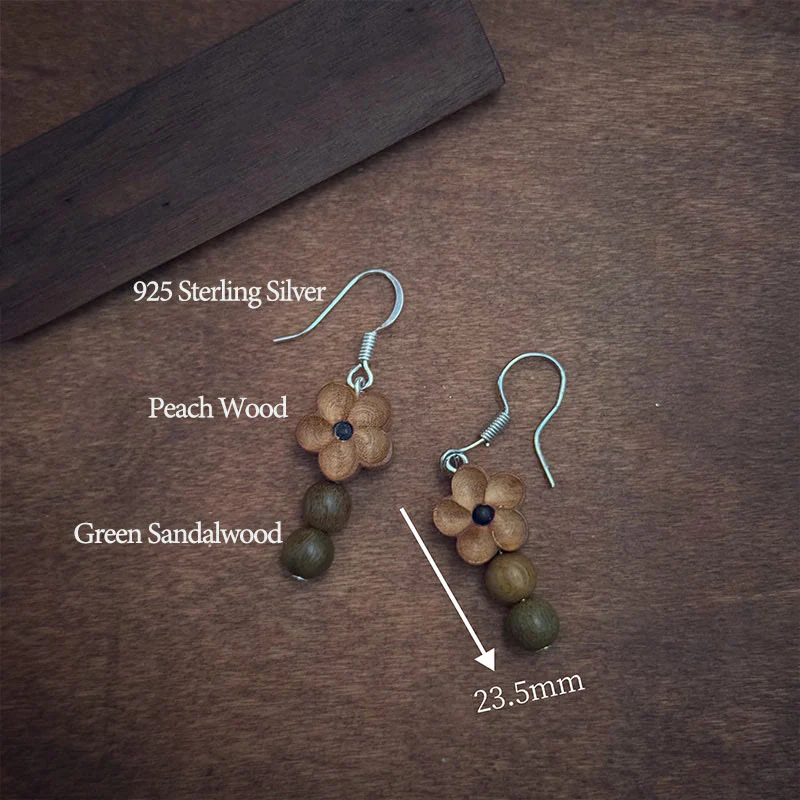 Buddha Stones 925 Sterling Silver Peach Wood Flower Green Sandalwood Luck Earrings