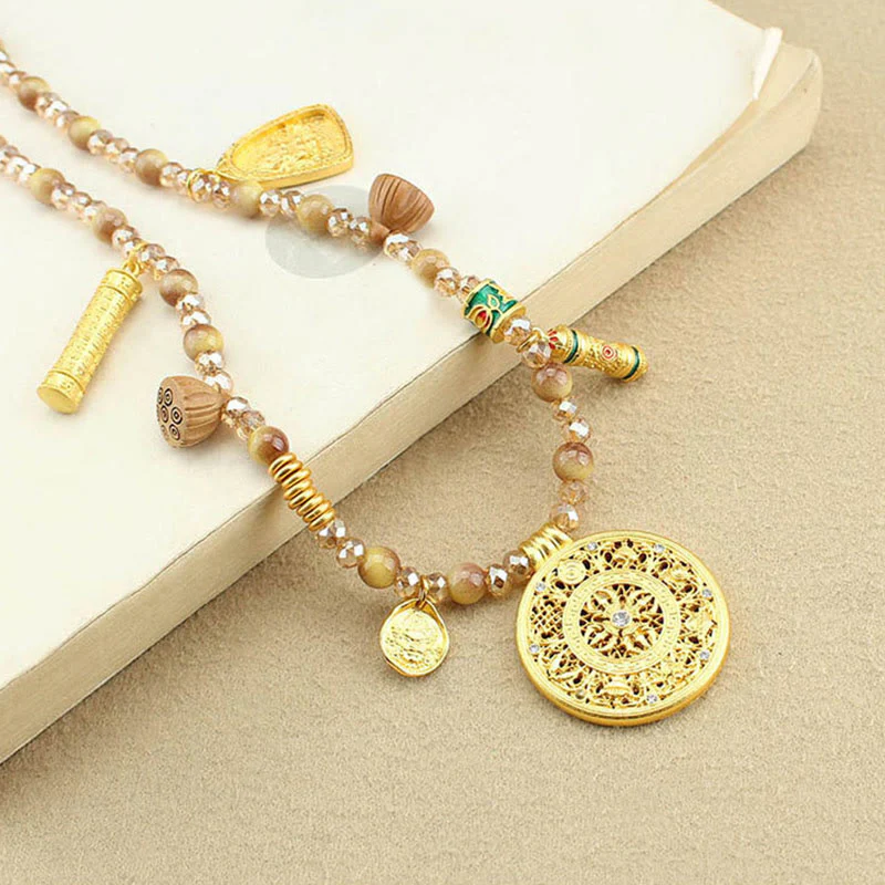 Buddha Stones Tibetan Lotus Round Plate Golden Tiger Eye Beads Necklace Pendant