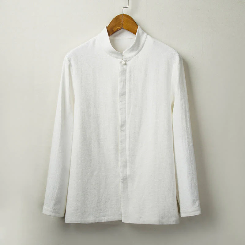 Buddha Stones Fall Solid Long Sleeve Button Shirt Cotton Linen Men Clothing