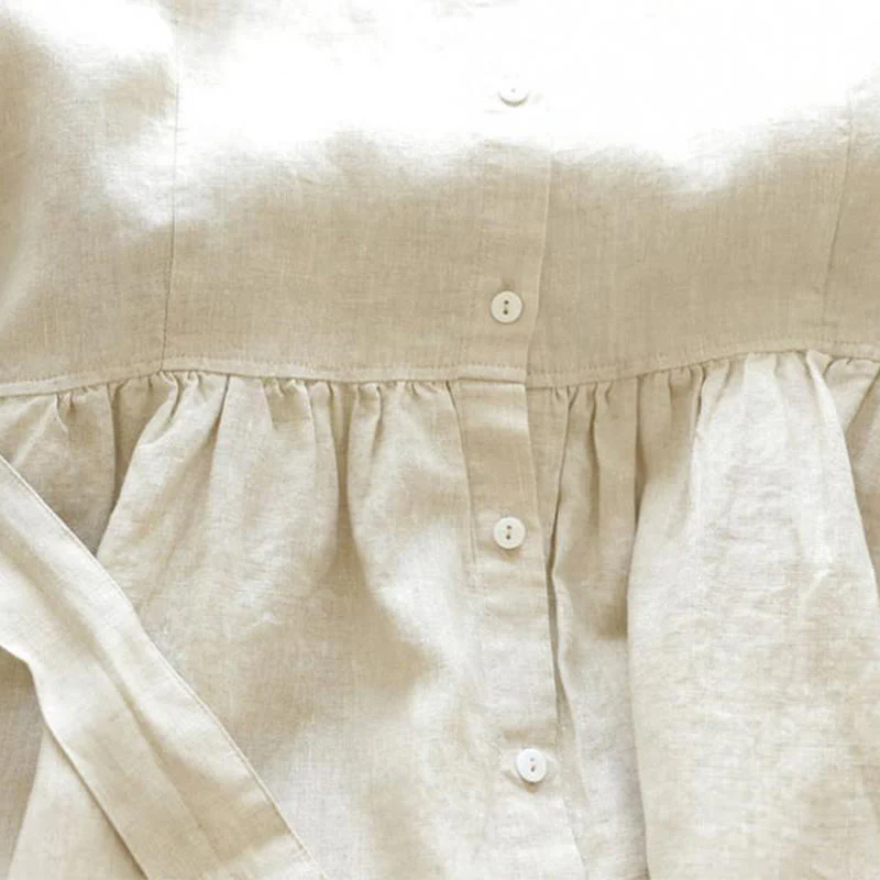 Buddha Stones Casual Plain Lace-up Stand Collar Linen Midi Dress With Pockets