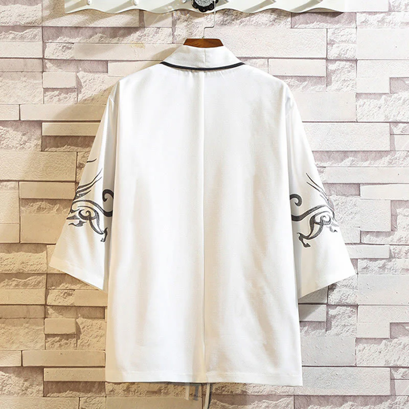 Buddha Stones Embroidery Dragon Phoenix Auspicious Cloud Waves Leaves Cranes Open Front Jacket Men's Kimono