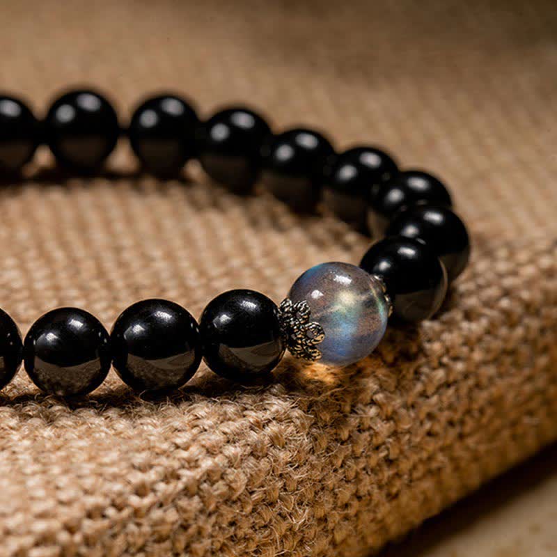 Buddha Stones Chinese Zodiac Natal Buddha 925 Sterling Silver Black Obsidian Moonstone Strength Bracelet