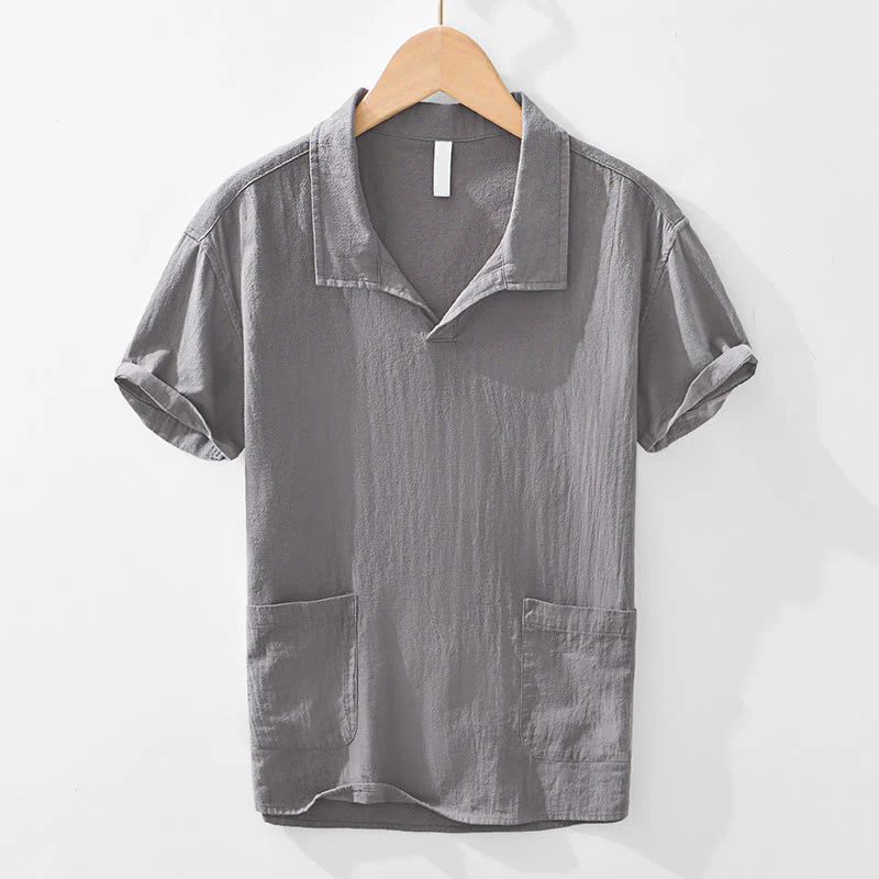 Buddha Stones Vintage Plain Simple Design Men's Short Sleeve Cotton Linen Shirt Clothing With Pockets