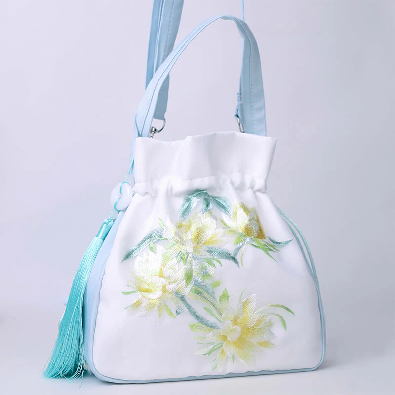Buddha Stones Suzhou Embroidery Rabbit Lotus Epiphyllum Peony Magnolia Silk Tote Crossbody Bag Shoulder Bag Handbag