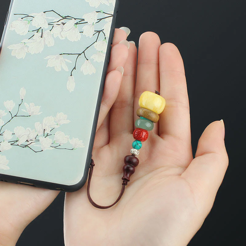 Buddha Stones Green Sandalwood Ebony Wood Gourd Seven Layer Pagoda Positive Phone Hanging Decoration