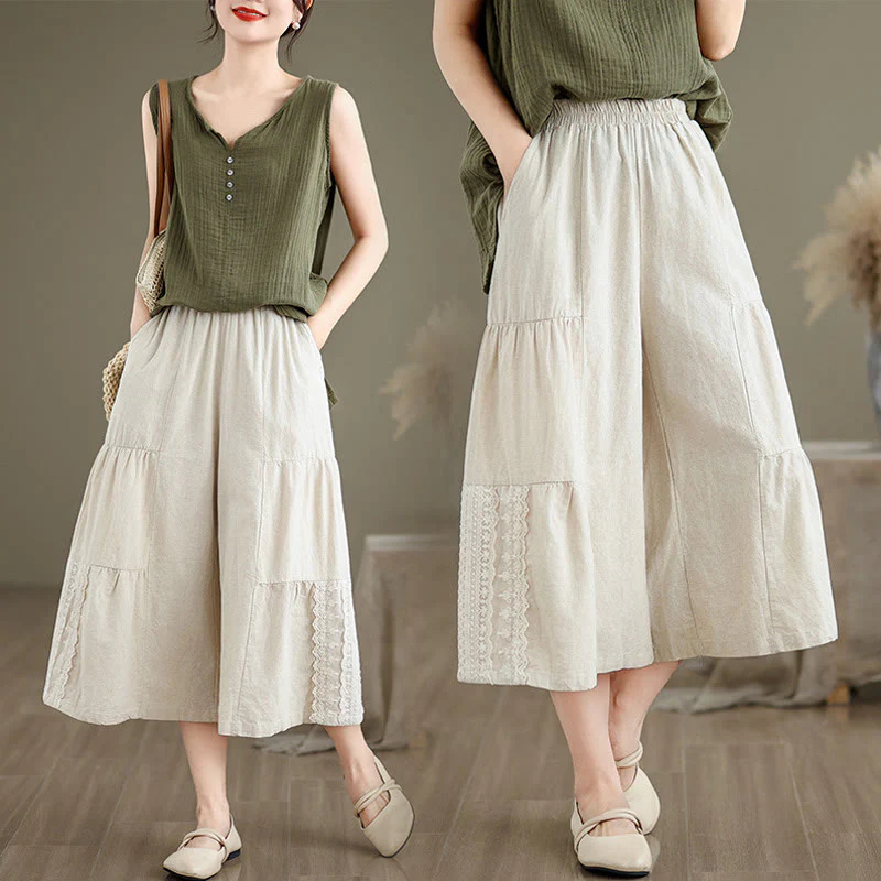 Buddha Stones Casual Plain Lace Splicing Cotton Linen Women's Cropped Wide Leg Pants With Pockets
