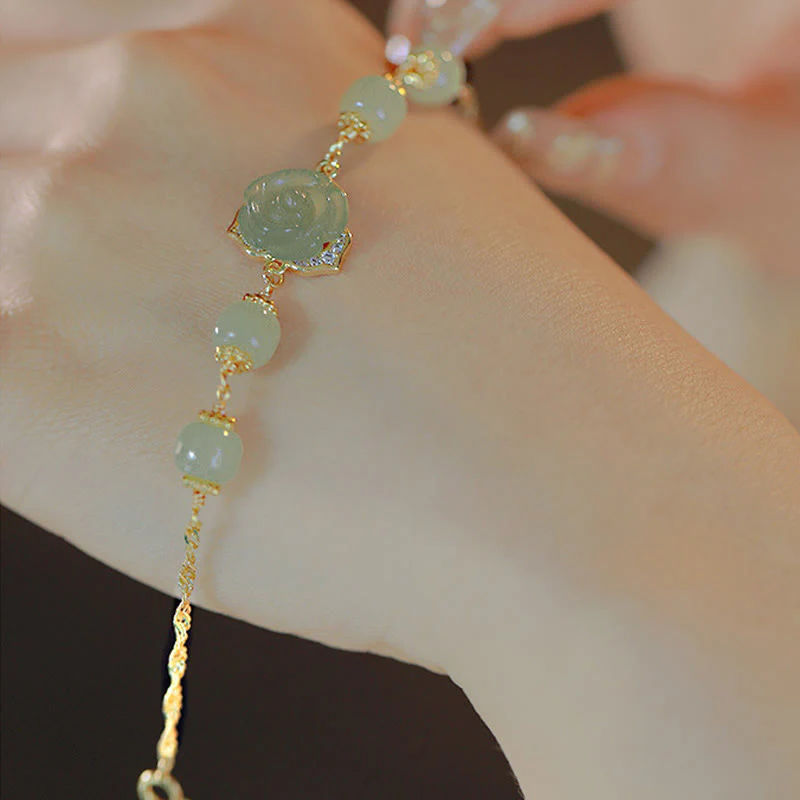 Buddha Stones 14K Gold Plated Hetian Jade Rose Flower Luck Chain Bracelet