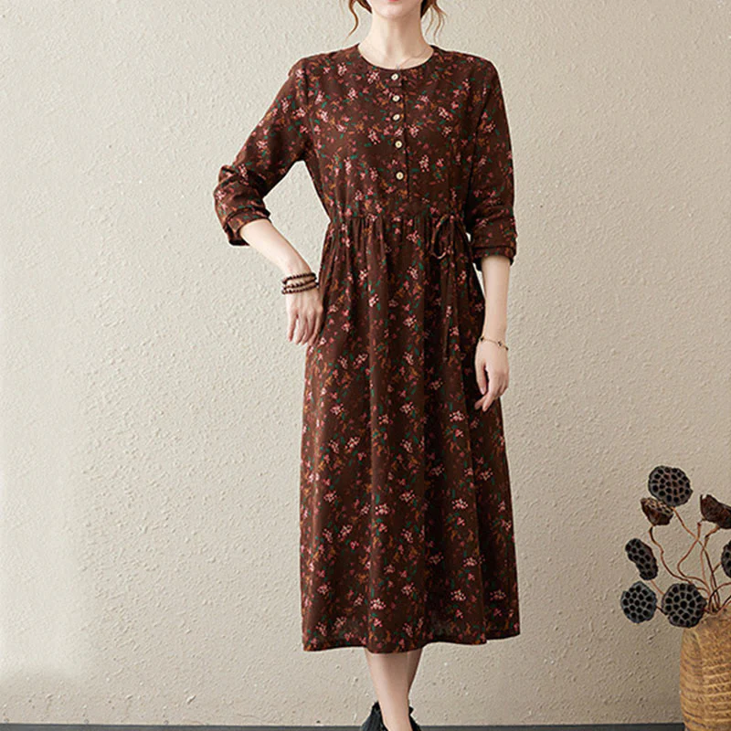 Buddha Stones Casual Ethnic Printing Floral Buttons Design Cotton Linen Midi Dress With Pockets