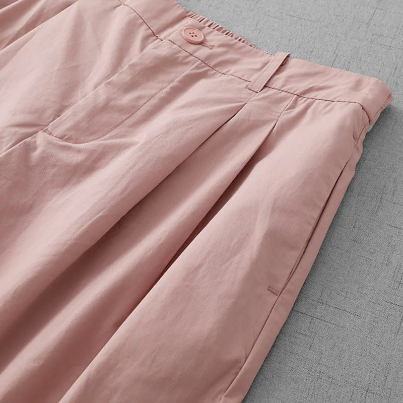 Buddha Stones Casual Plain High Waist Women's Polyester 7-8 Length Wide Leg Pants With Pockets