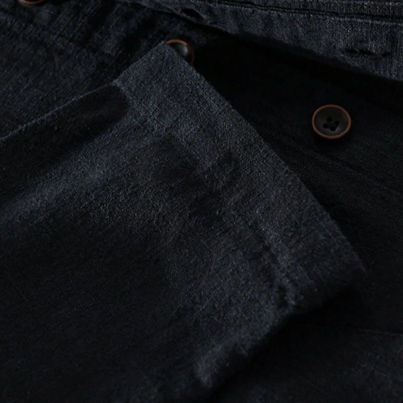 Buddha Stones Spring Daily Simple Buttons Design Stand Collar Men's Long Sleeve Cotton Linen Shirt With Pockets