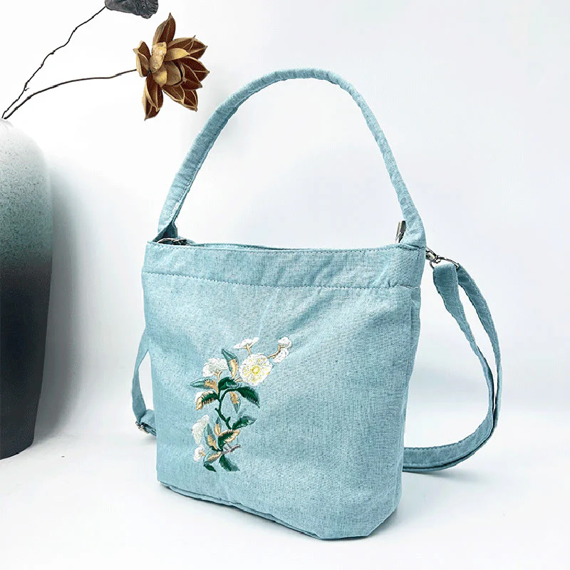 Buddha Stones Embroidery Wisteria Plum Lotus Cherry Blossom Cotton Linen Canvas Tote Crossbody Bag Shoulder Bag Handbag