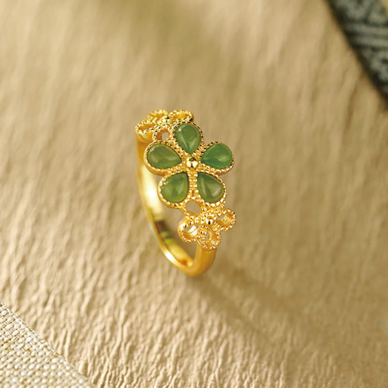 Buddha Stones Natural Hetian Jade 925 Sterling Silver Plated Gold Flower Adjustable Prosperity Ring