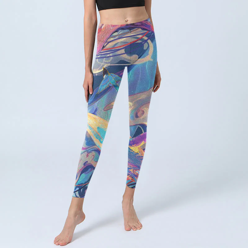 Buddha Stones Whales Swallows Waves Print Gym Leggings Women's Yoga Pants