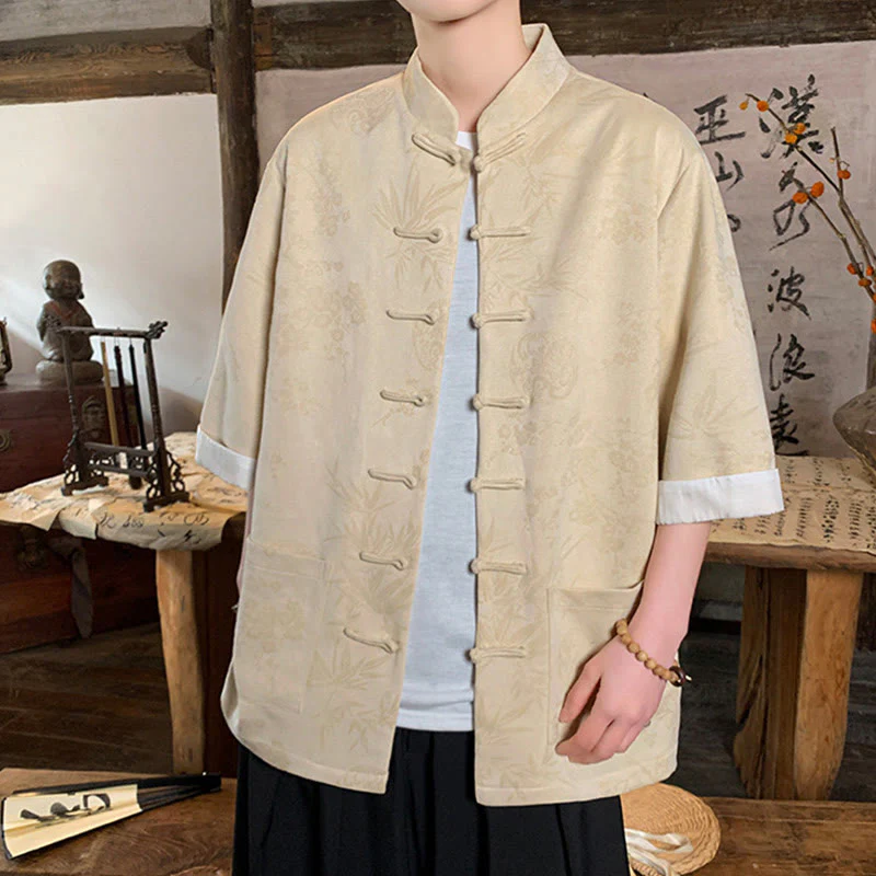Buddha Stones Jacquard Bamboo Plum Bossom Pattern Chinese Frog-Button Design Men's Half Sleeve Cotton Shirt With Pockets