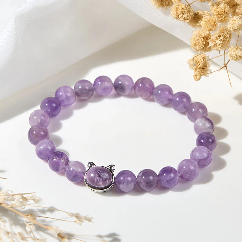 Buddha Stones Cute Cat Face Amethyst Relieves Stress Bracelet