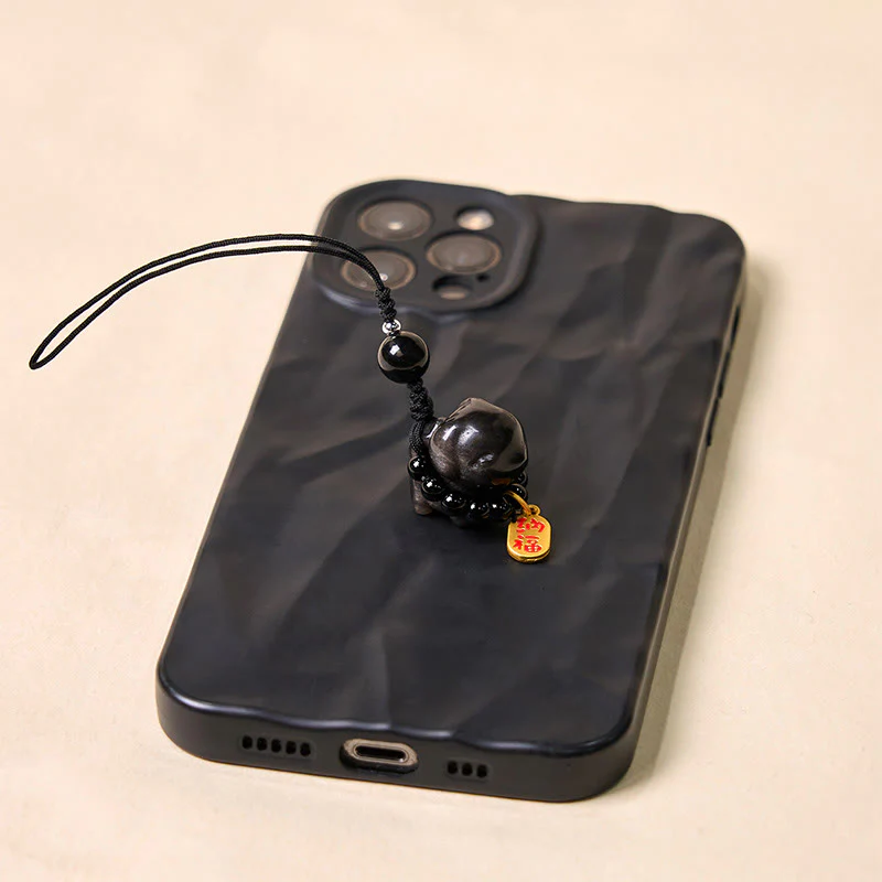 Buddha Stone Silver Sheen Obsidian Puppy Dog Fu Character Protection Necklace Phone Hanging Decoration