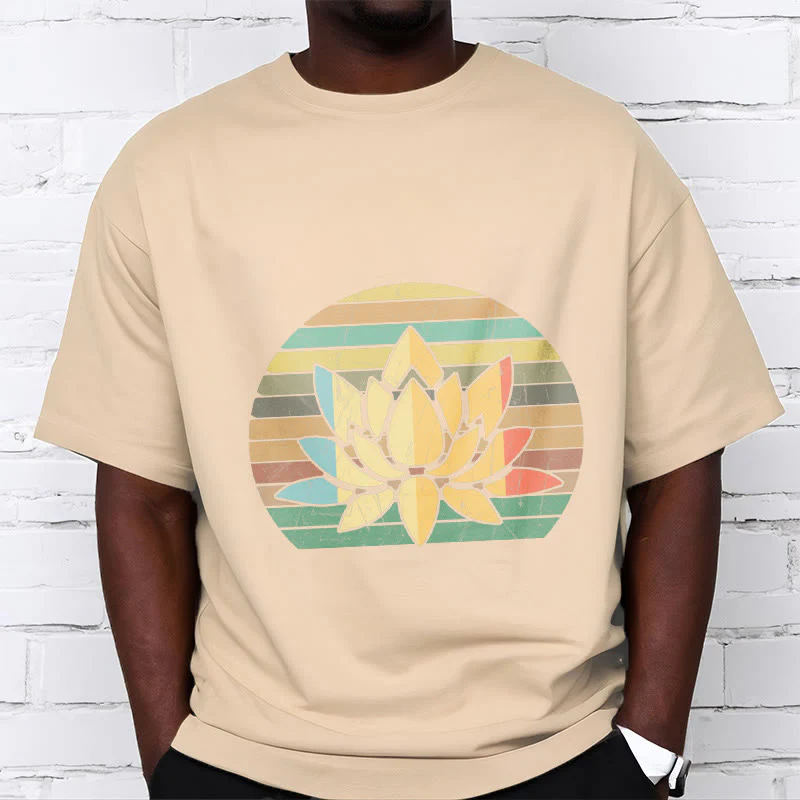 Buddha Stones Casual Retro Striped Background Lotus Flower Pattern Cotton Tee T-shirt