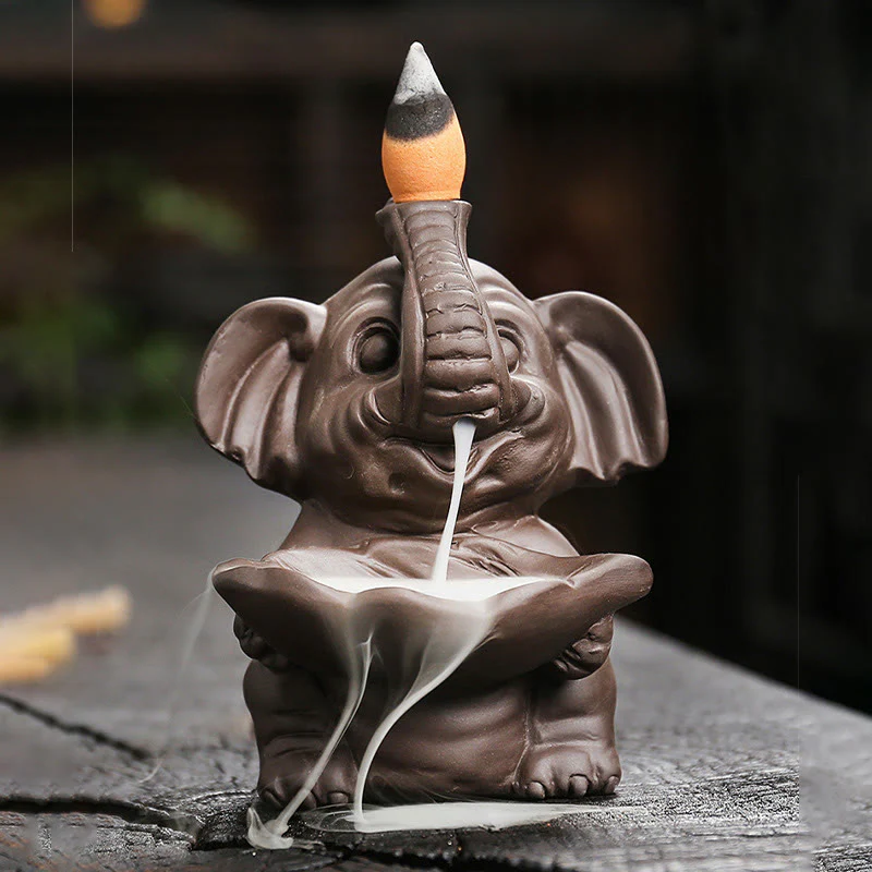 Buddha Stones Little Elephant Holding Leaf Purple Clay Backflow Smoke Fountain Healing Incense Burner Decoration