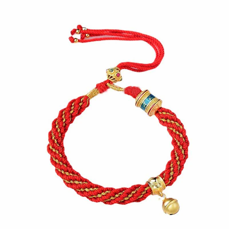 Buddha Stones Tibetan Handmade Luck Protection Thangka Prayer Wheel Bell Charm Braid String Bracelet