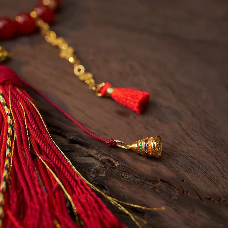 Buddha Stones 18 Beads Copper Coins Tibet Tassel Red Agate Calm Wrist Mala