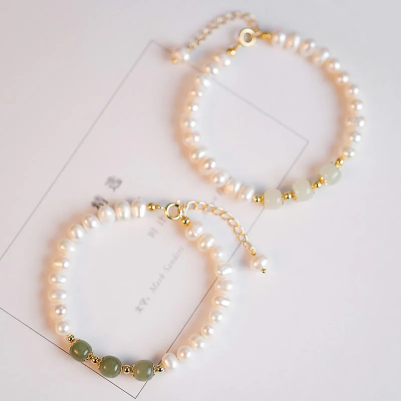 Buddha Stones 14K Gold Plated Natural Pearl Hetian Cyan Jade White Jade Sincerity Bead Chain Bracelet