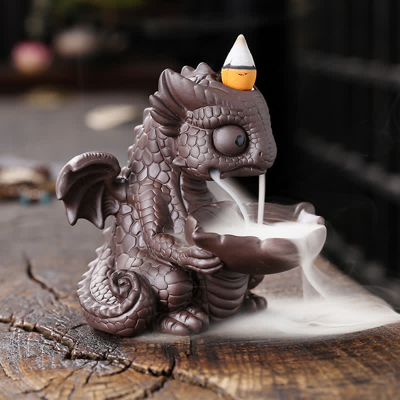 Buddha Stones Lovely Dinosaur Purple Clay Backflow Smoke Fountain Healing Incense Burner Decoration