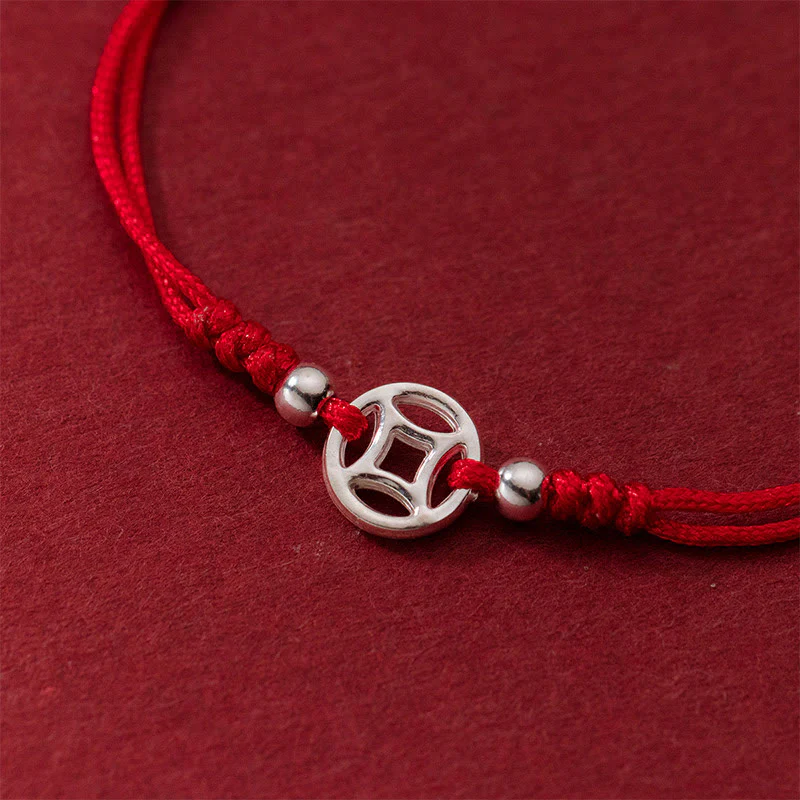 Buddha Stones 925 Sterling Silver Hollow Copper Coin Luck String Bracelet