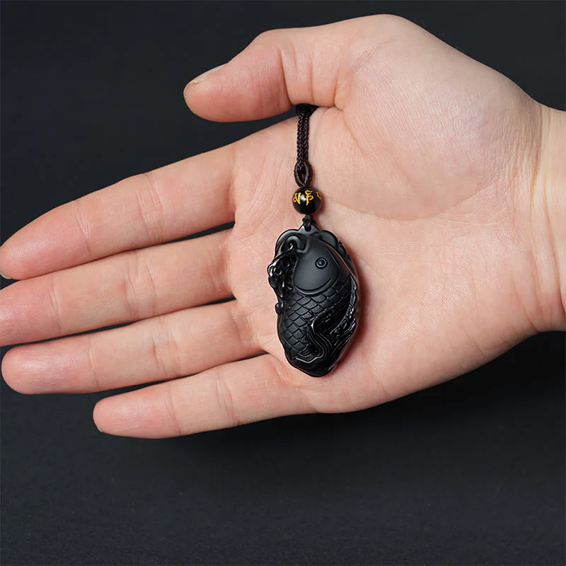 Buddha Stones Natural Black Obsidian Amphioxus Strength Necklace Pendant