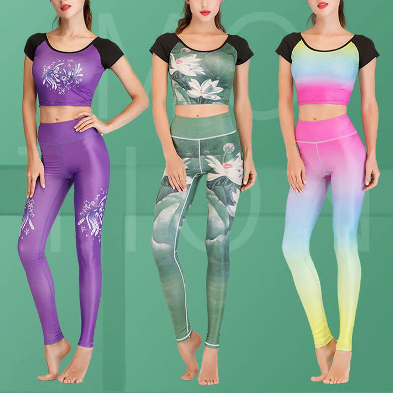 Buddha Stones Lotus Cherry Blossom Gradient Peacock Print Lycra Fabric Fitness Leggings Women's Yoga Pants