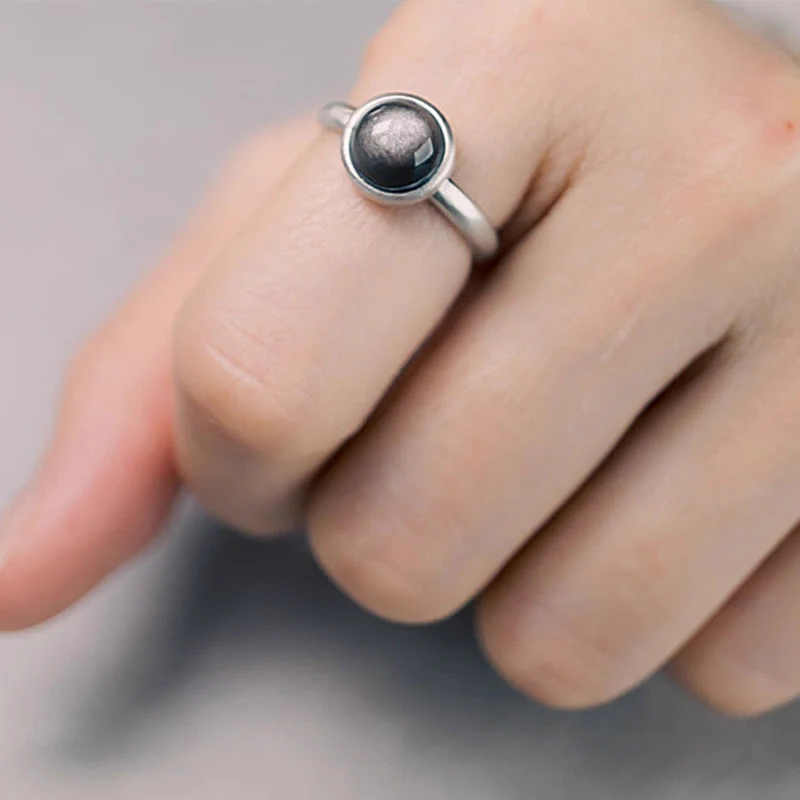 Buddha Stones Natural 925 Sterling Silver Silver Sheen Obsidian Adjustable Protection Ring