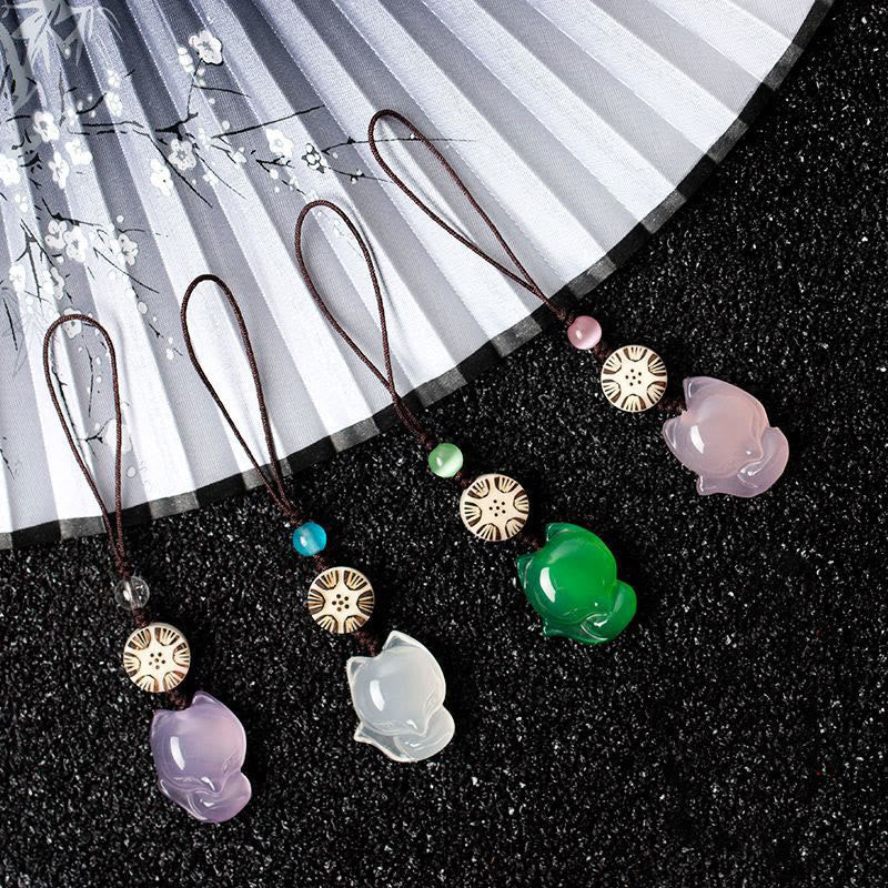 Buddha Stones Natural Chalcedony Fox Harmony Phone Hanging Decoration