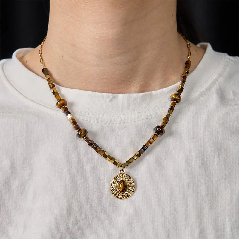 Buddha Stones Natural Tiger Eye Square Protection Titanium Steel Necklace Pendant