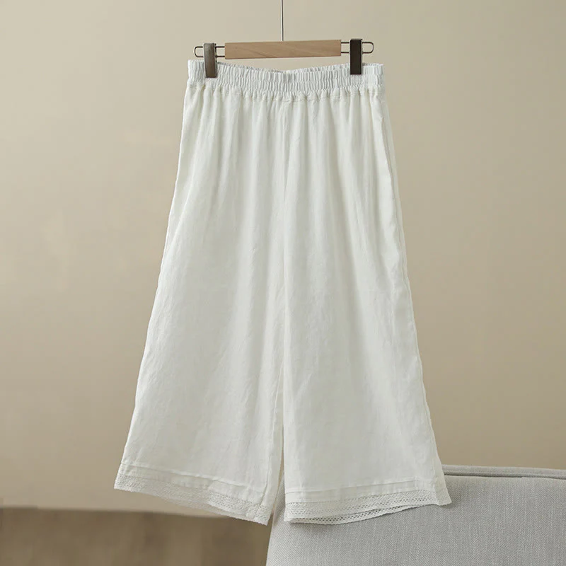 Buddha Stones Commute Retro Plain Lace Patchwork Design 7-8 Length Women's Wide Leg Cotton Pants With Pockets