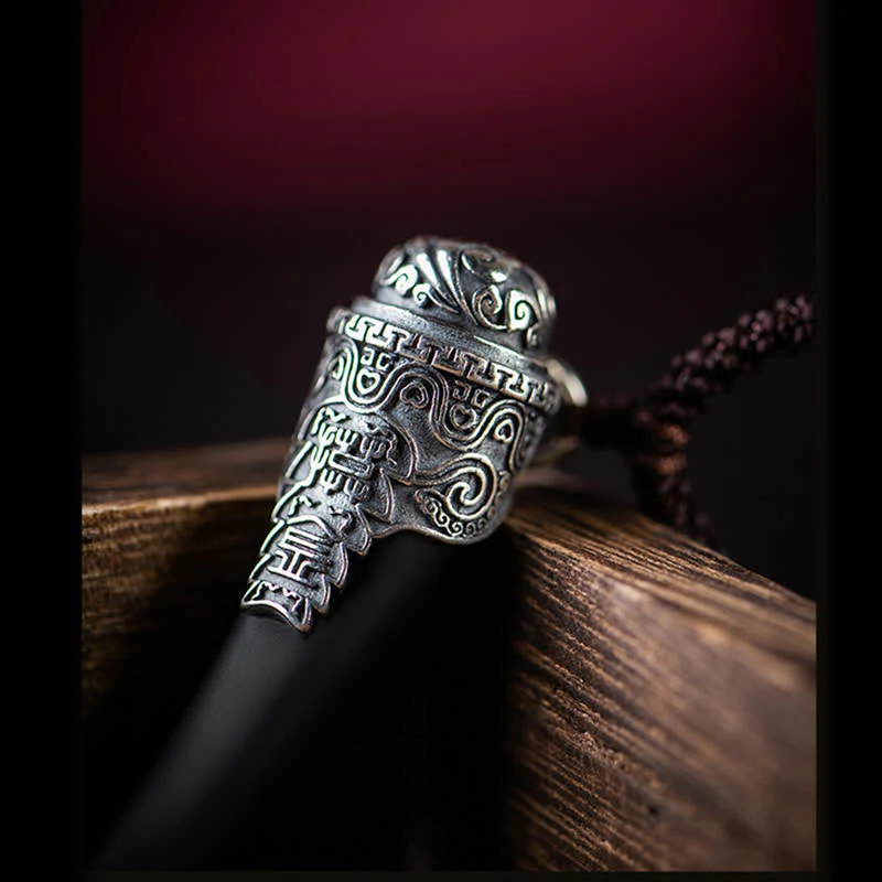 Buddha Stones 925 Sterling Silver Black Obsidian Wolf Tooth Pattern Strength Necklace Pendant