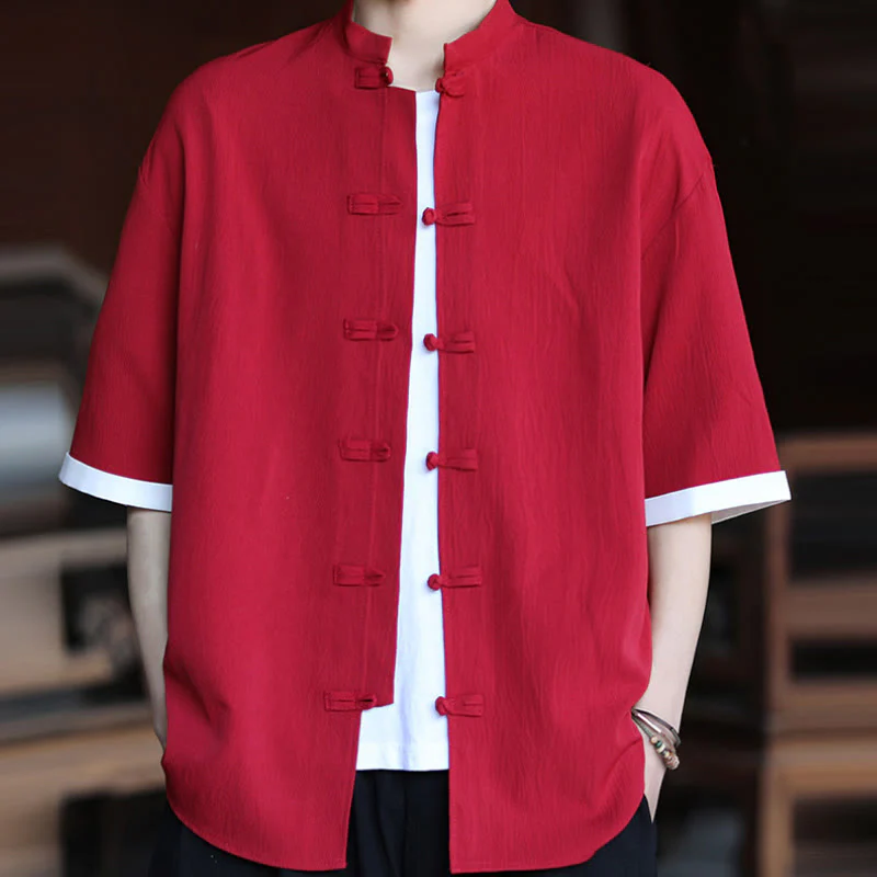 Buddha Stones Plain Tang Suit Frog-Button Design Men's Half Sleeve Shirt