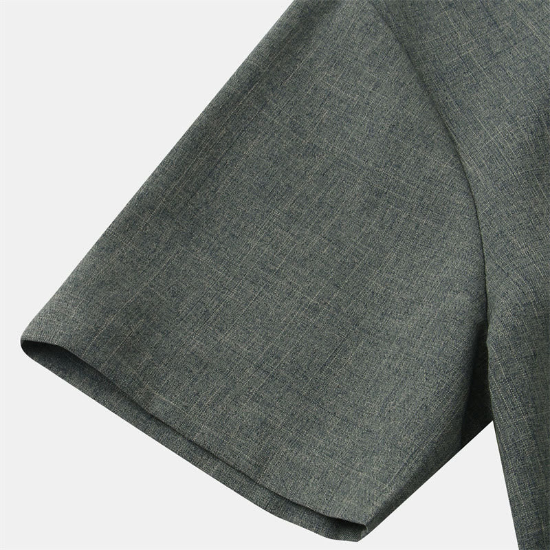 Buddha Stones Summer Men's Button Plain Short Sleeve Cotton Shirt With Pocket