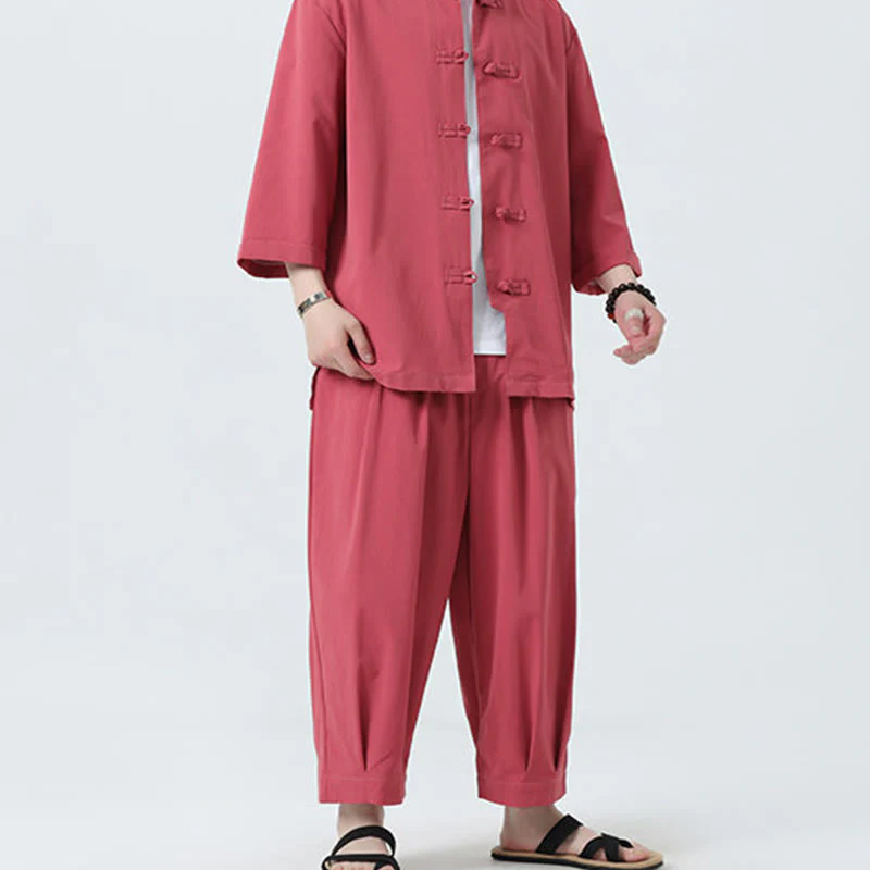 Buddha Stones 2Pcs Solid Frog-Button Three Quarter Sleeve Shirt Pants Men's Set
