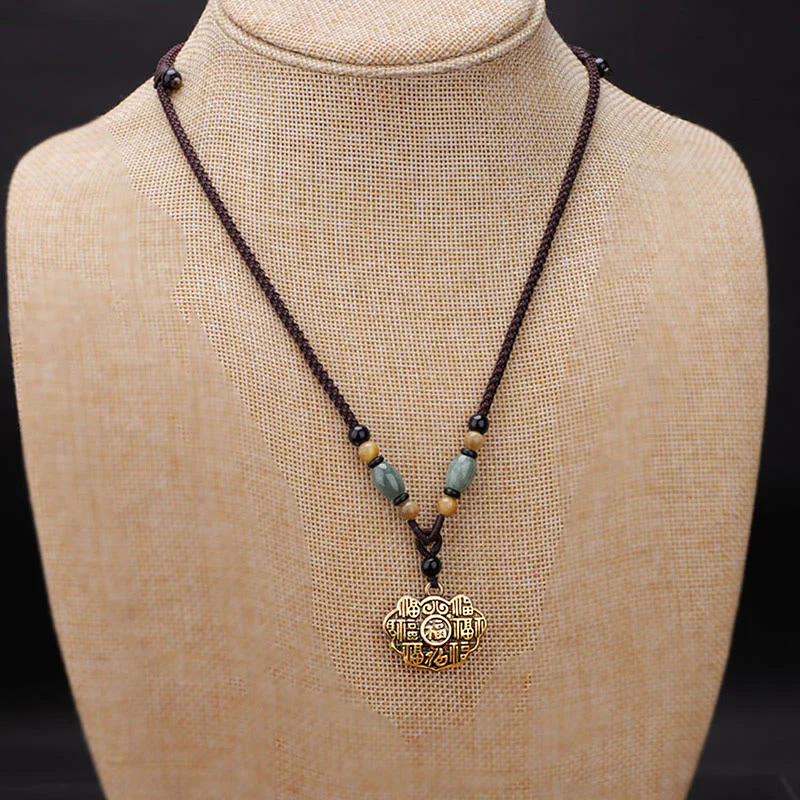Buddha Stones Copper Brass Fu Character Luck Fortune Rope Necklace Pendant