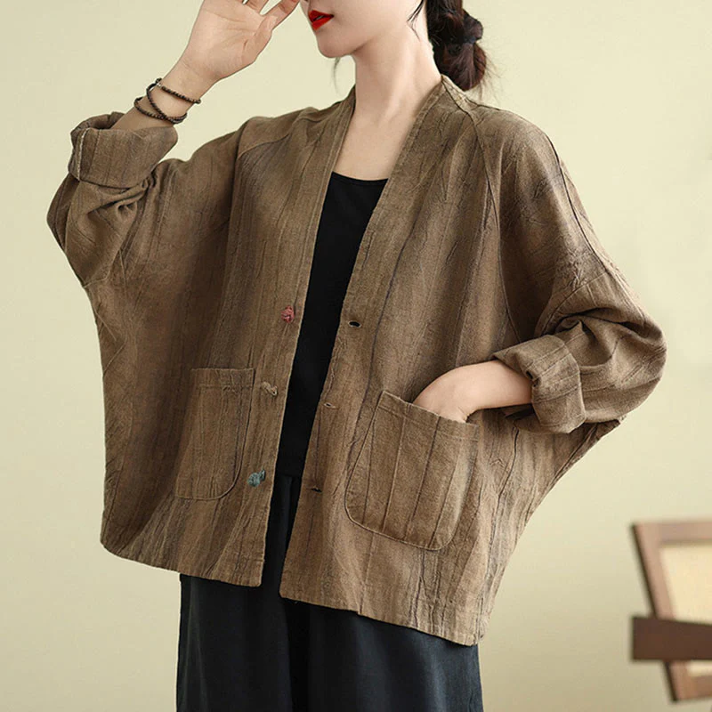 Buddha Stones Plain Long Sleeve Women's Cotton Linen Jacket With Pockets