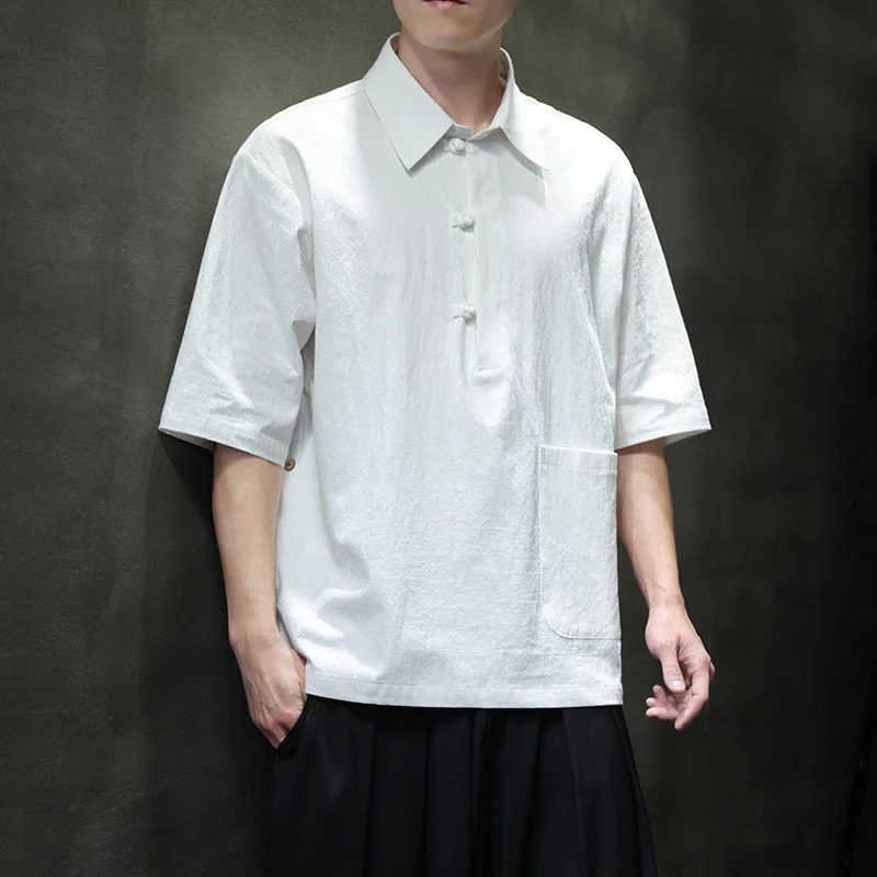 Buddha Stones Commute Plain Half Buttons Design Men's Cotton Linen Shirt With Pocket