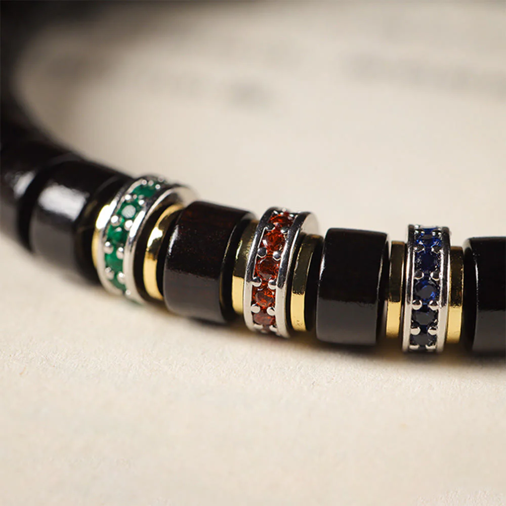 Buddha Stones Ebony Wood Small Leaf Red Sandalwood Zircon Peace Bracelet