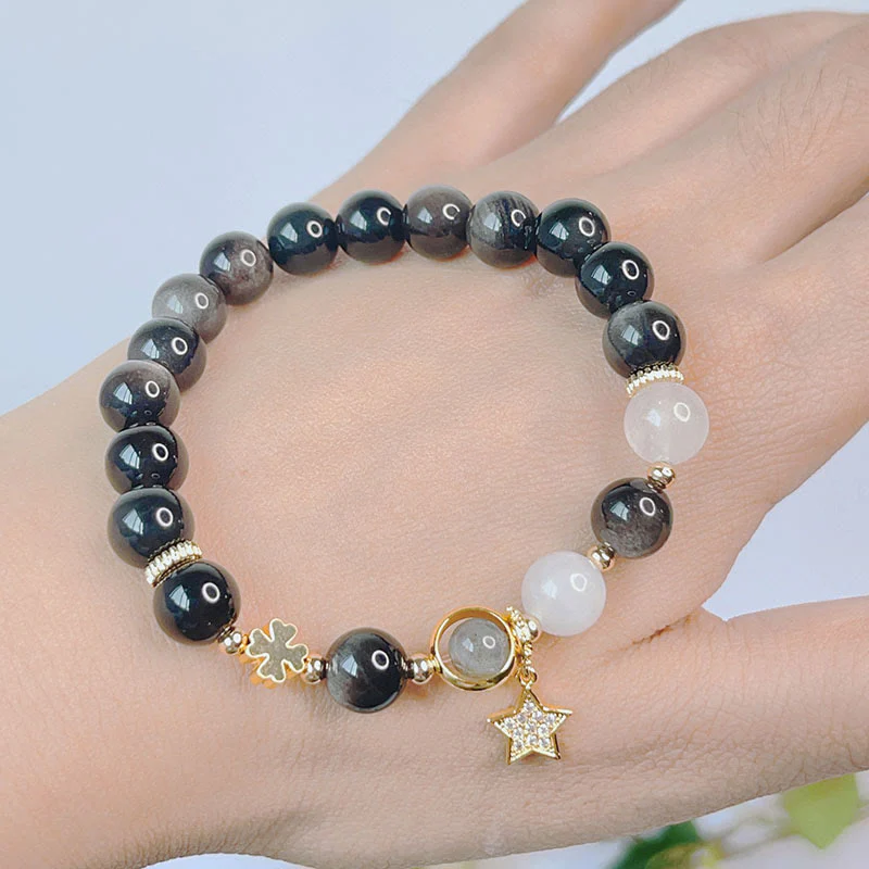 Buddha Stones Natural Silver Sheen Obsidian Love Heart Star Flower Protection Bracelet (Extra 30% Off | USE CODE: FS30)