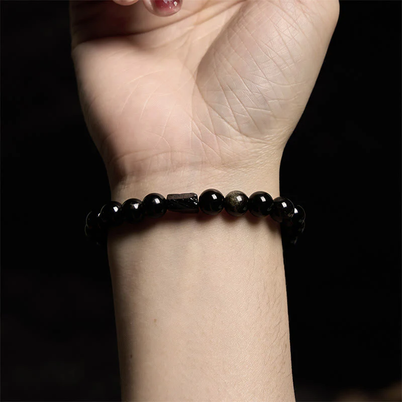 Buddha Stones Gold Sheen Obsidian Black Tourmaline Wealth Bracelet